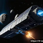 미래형 우주선 추진 방식 - A futuristic spacecraft equipped with advanced ion propulsion engines emitting a subtle blue glow, t...