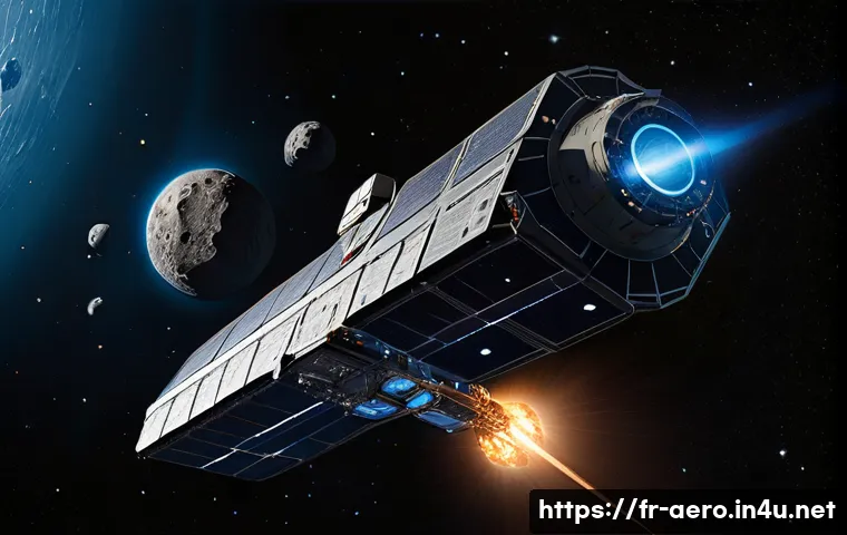 미래형 우주선 추진 방식 - A futuristic spacecraft equipped with advanced ion propulsion engines emitting a subtle blue glow, t...