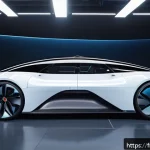 공기역학 시뮬레이션 - A futuristic aerodynamic car design showcased in a high-tech digital wind tunnel simulation, highlig...