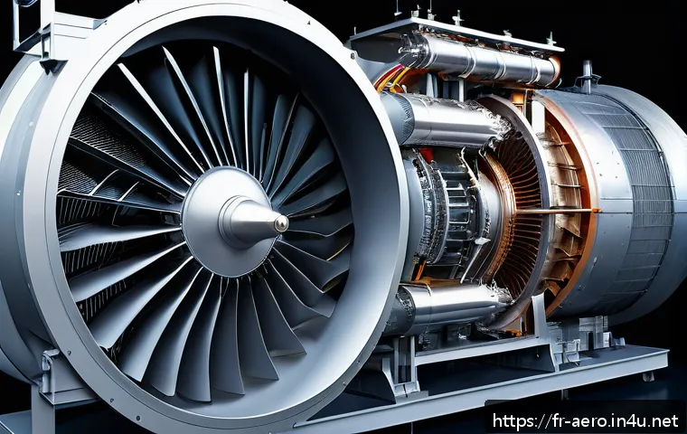 가스터빈 엔진 열역학 - A highly detailed and realistic illustration of a modern gas turbine engine in operation, showing th...