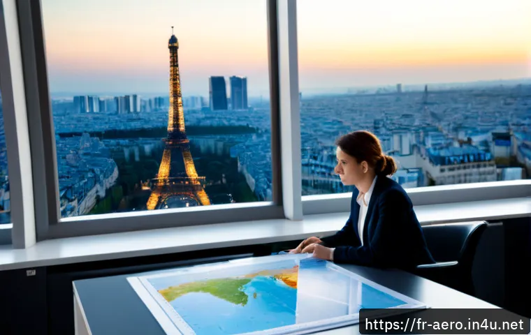 항공우주 기업 트렌드 분석 - Photorealistic aerospace industry trend analysis scene in a modern French business office, diverse E...